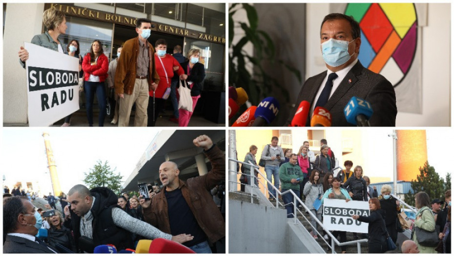 Protest zdravstvenih radnika protiv kovid propusnica ispred Kliničkog centra u Zagrebu