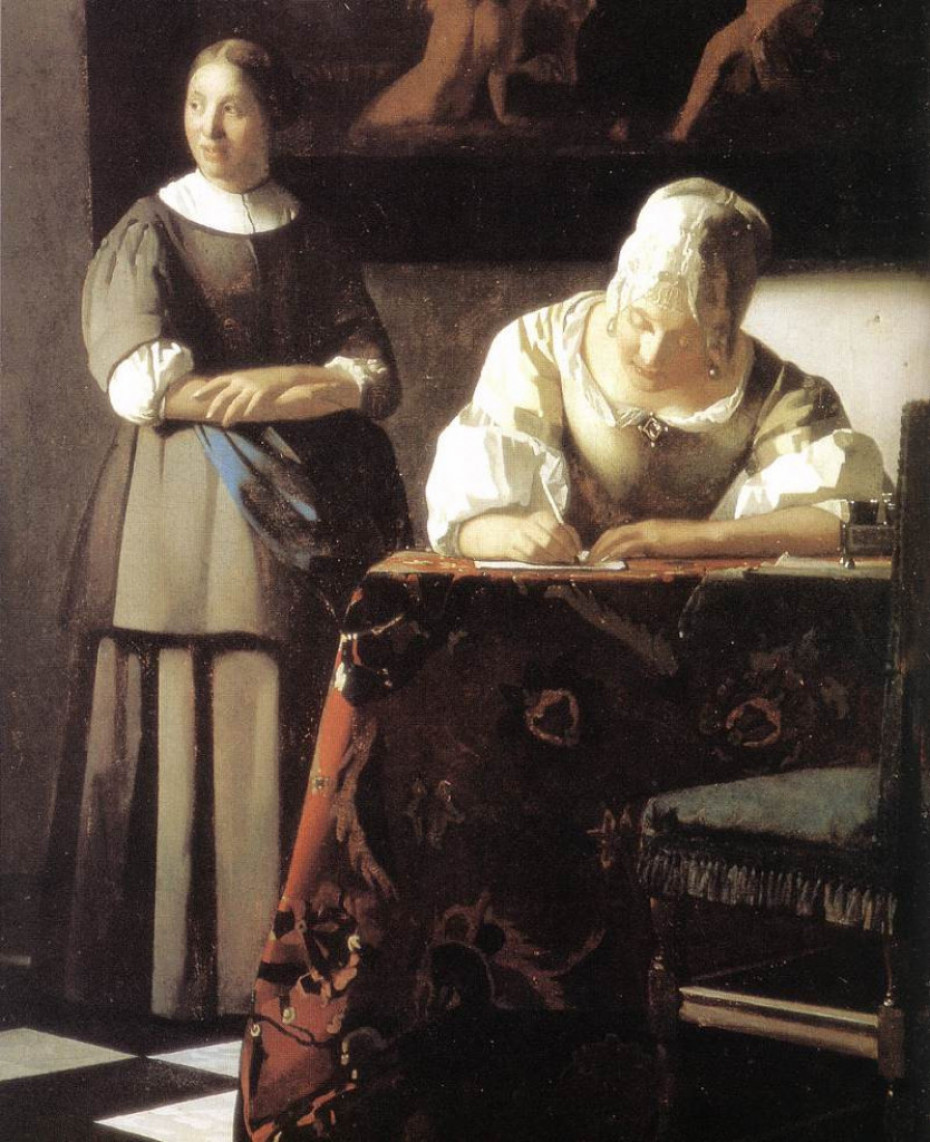 Žena koja piše pismo sa služavkom