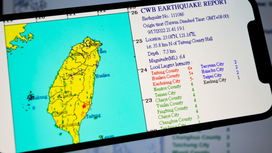 Zemljotres jačine 6,5 stepeni pogodio Tajvan