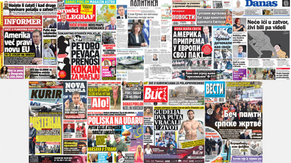 Naslovne strane dnevne štampe za ponedeljak, 27. mart