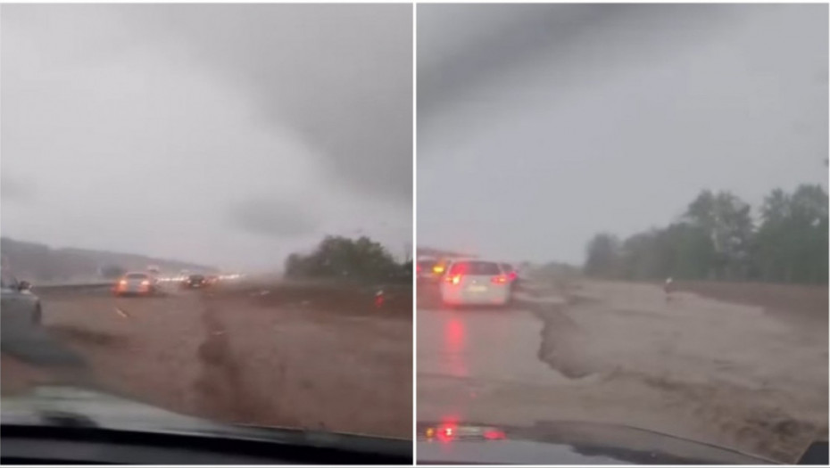 Otežan saobraćaj na autoputu kod Mihajlovca zbog obilne kiše i blata (VIDEO)