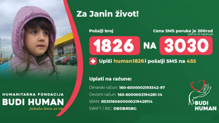 Budi human: Pomozimo maloj Jani da ode na lečenje