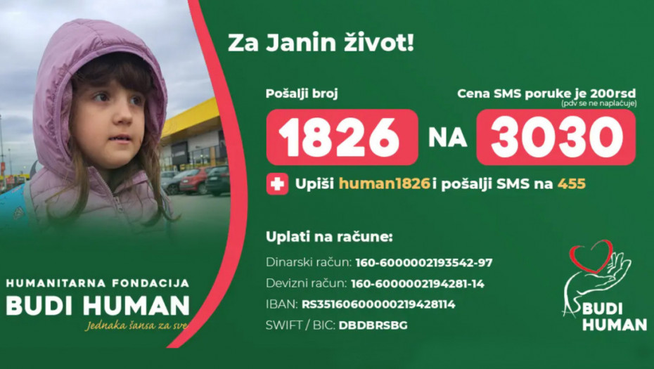 Budi human: Pomozimo maloj Jani da ode na lečenje