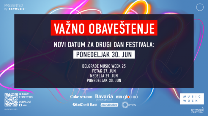 Belgrade Music Week: Izmena datuma drugog festivalskog dana – novi termin ponedeljak 30. jun