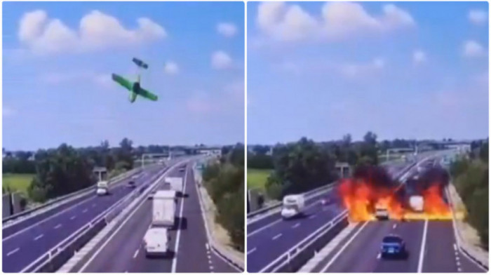Kamere snimile tragediju u Italiji: Avion pao nasred auto-puta, vozači morali da prođu kroz plamen (VIDEO)