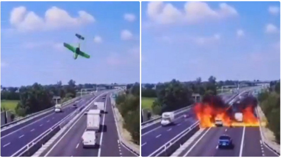 Kamere snimile tragediju u Italiji: Avion pao nasred auto-puta, vozači morali da prođu kroz plamen (VIDEO)
