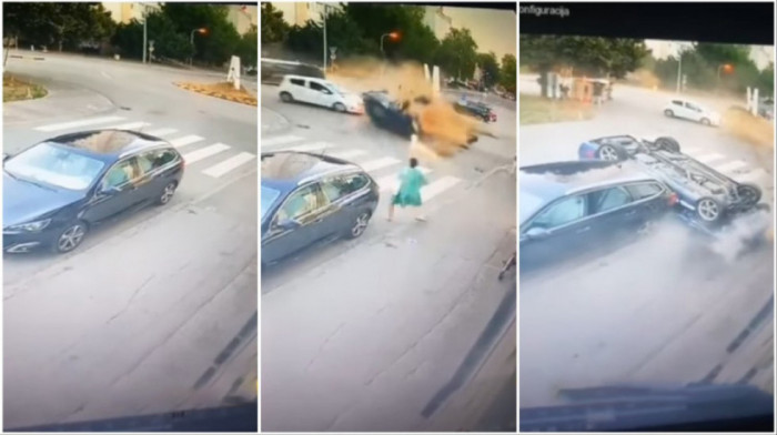 Strašan udes u Banjaluci: Auto "poleteo" posle sudara i umalo promašio ženu, dvoje povređeno (VIDEO)