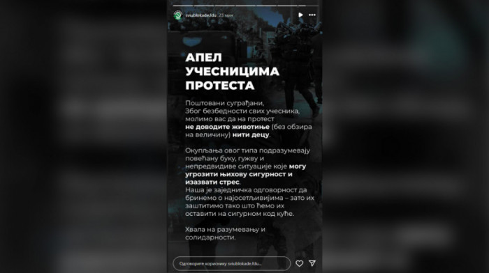 Studenti u blokadi FDU: Ne dovodite životinje i decu na protest, zbog buke, gužve i "nepredvidivih situacija"