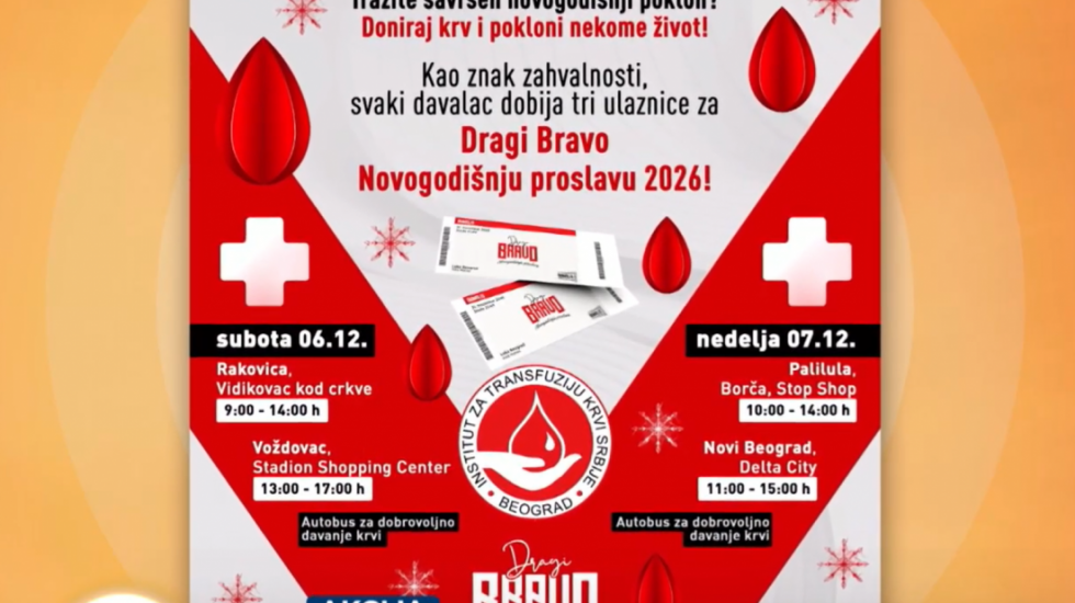 Humanitarna akcija "Doniraj krv i pokloni nekome život": Svaki davalac dobija besplatne ulaznice za novogodišnju žurku