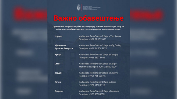 Ministarstvo spoljnih poslova Srbije objavilo brojeve telefona za konzularnu pomoć u regionu Bliskog istoka