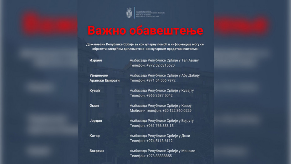 Ministarstvo spoljnih poslova Srbije objavilo brojeve telefona za konzularnu pomoć u regionu Bliskog istoka